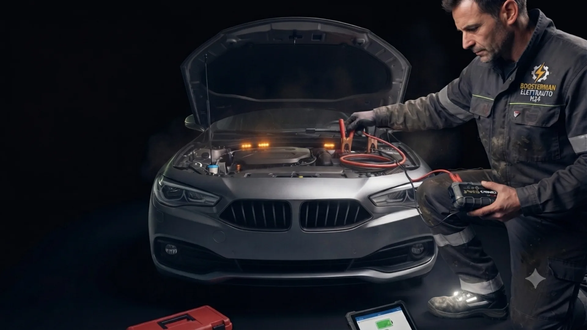 Tecnico BOOSTERMAN avvia una batteria auto di notte — elettrauto mobile H24 Roma